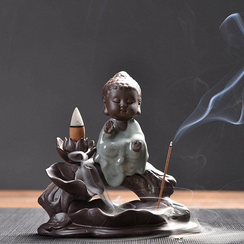 Ceramic Lotus Blessing Incense Burner with Little Monk