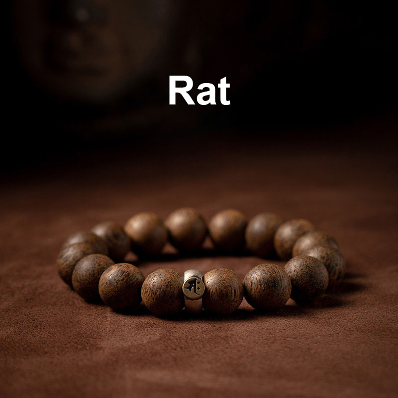 Bracelet de paix en bois d'agar naturel avec perles de 12 mm et symbole du zodiaque chinois