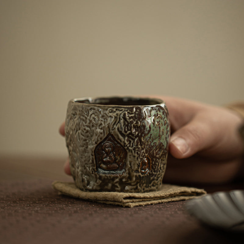 Tasse à thé vintage en céramique Dunhuang avec Bouddha gravé 150 ml