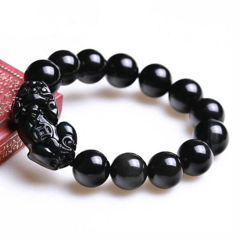 Unisex 10mm Obsidian Pixiu Wealth Bracelet for Feng Shui