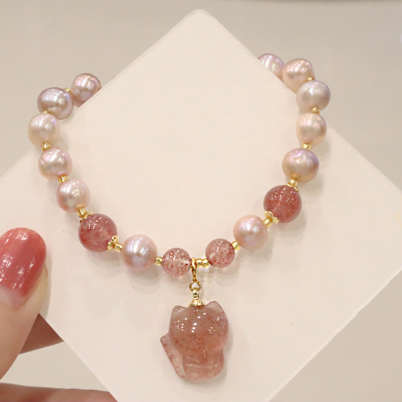 Natural Pearl Strawberry Quartz Healing Charm Bracelet
