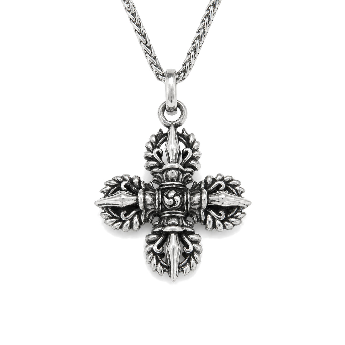 925 Sterling Silver Double Dorje Vajra Necklace Spiritual Strength, 925 Sterling Silver Double Dorje, on a white background