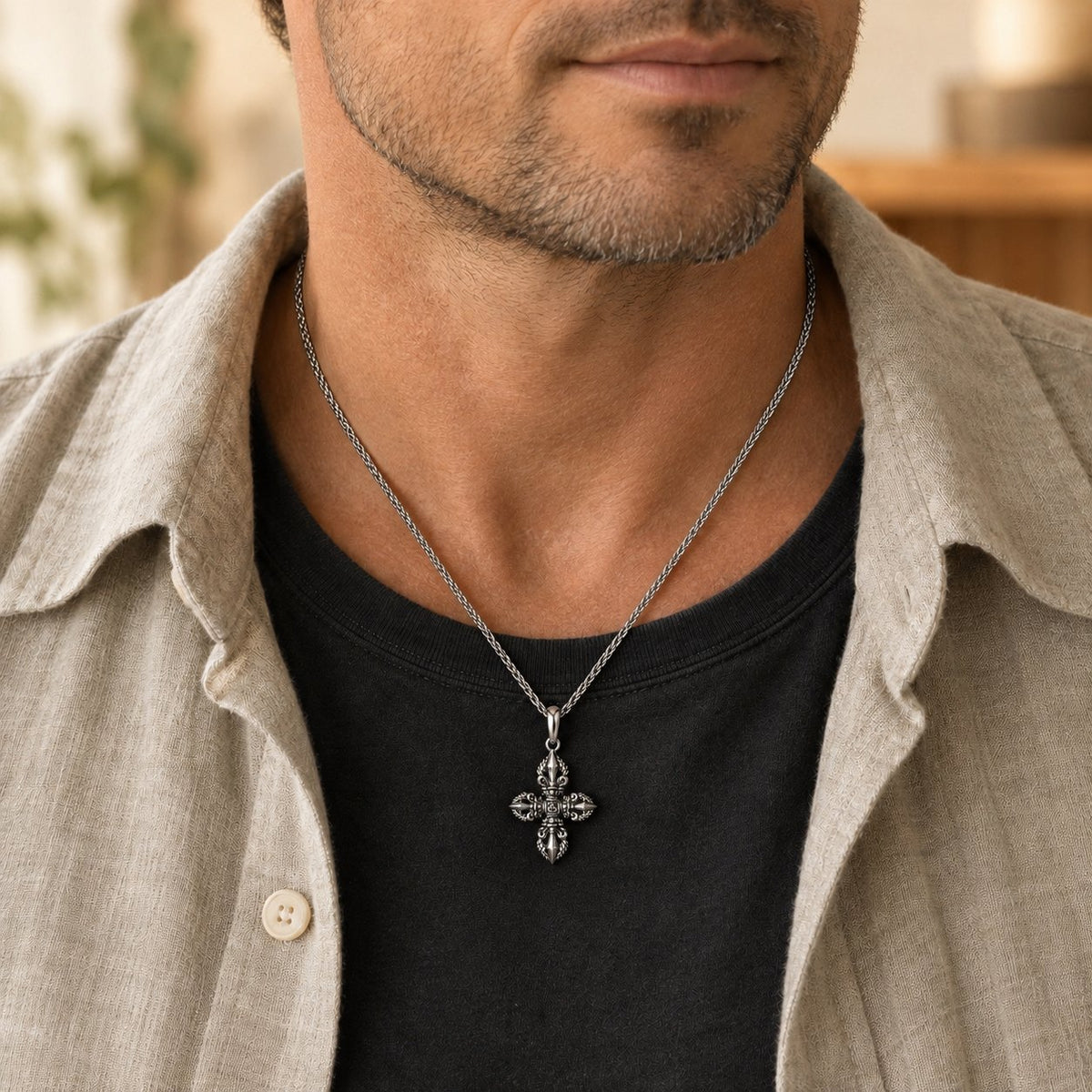 925 Sterling Silver Double Dorje Vajra Necklace Spiritual Strength, worn on the neck by a man