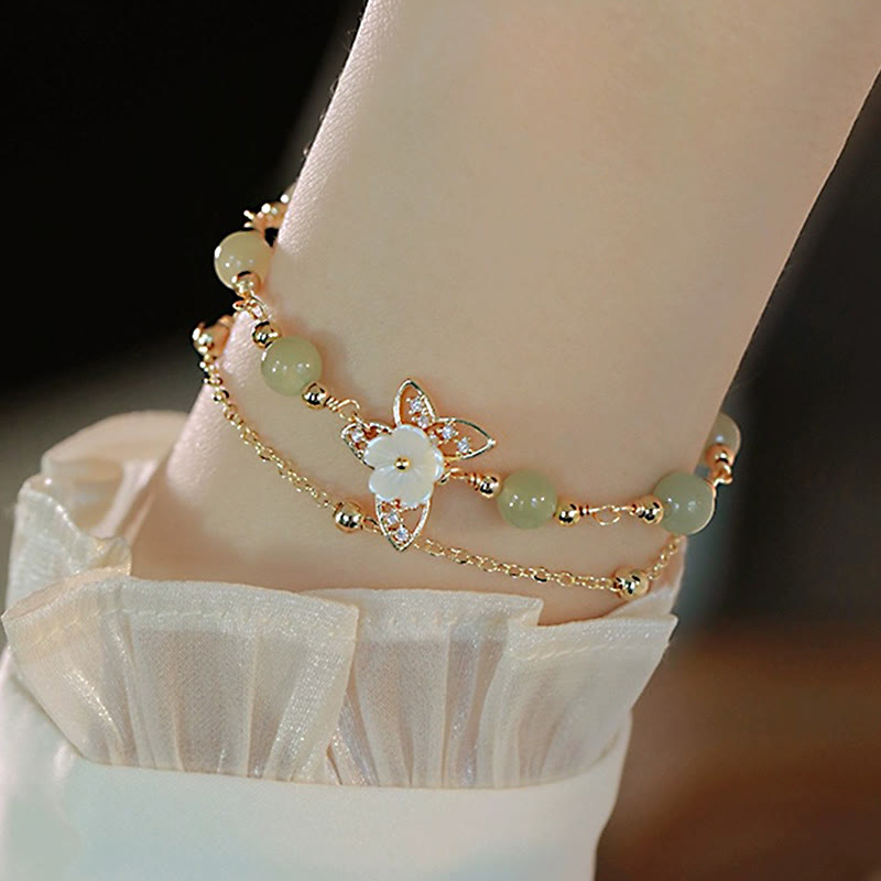 Bracelet porte-bonheur papillon en jade plaqué or 14 carats à double couche