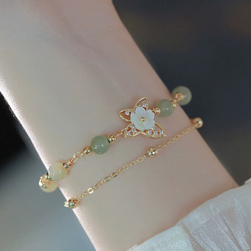 Bracelet porte-bonheur papillon en jade plaqué or 14 carats à double couche