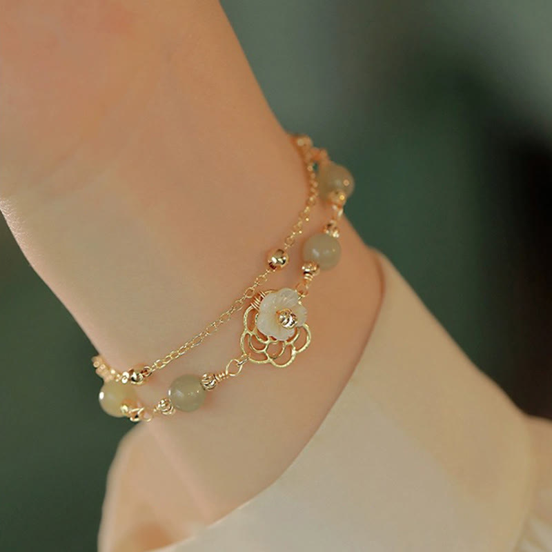 Bracelet porte-bonheur papillon en jade plaqué or 14 carats à double couche