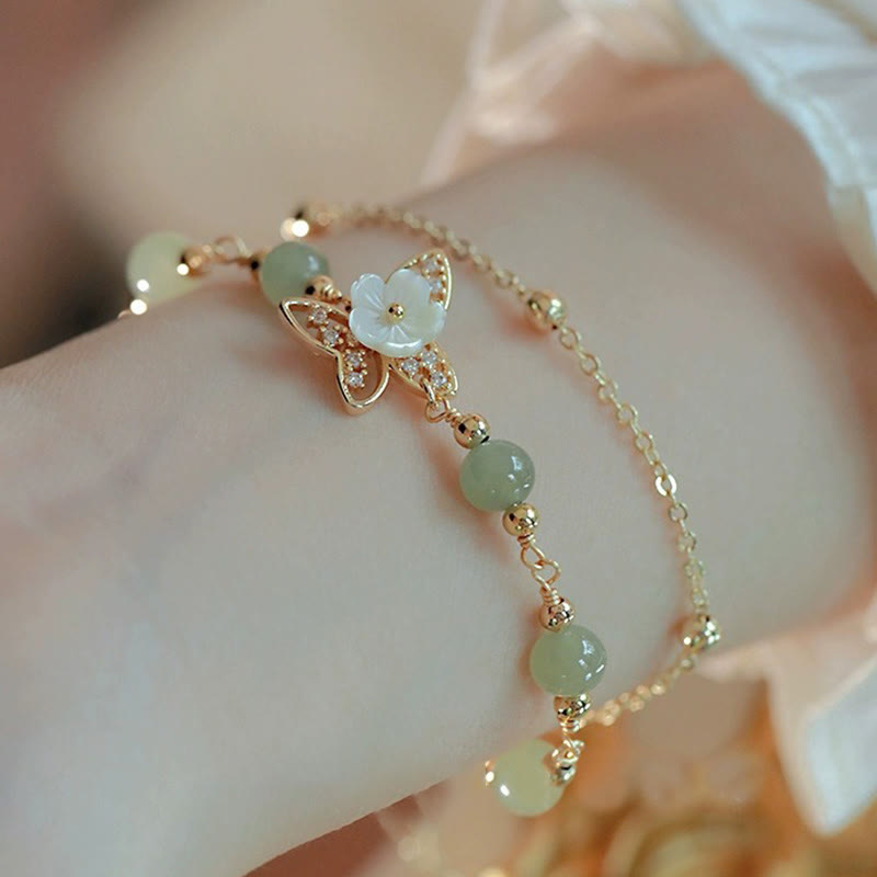 Bracelet porte-bonheur papillon en jade plaqué or 14 carats à double couche