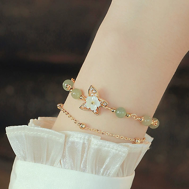 Bracelet porte-bonheur papillon en jade plaqué or 14 carats à double couche