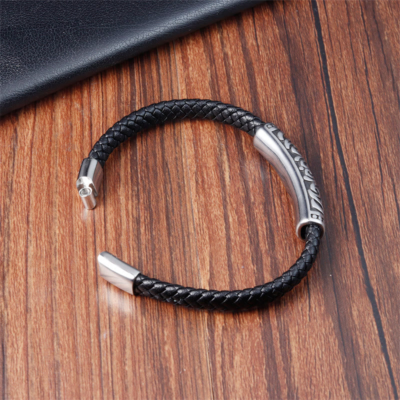 Bracelet double couche en cuir et acier titane à motif floral | Force et équilibre