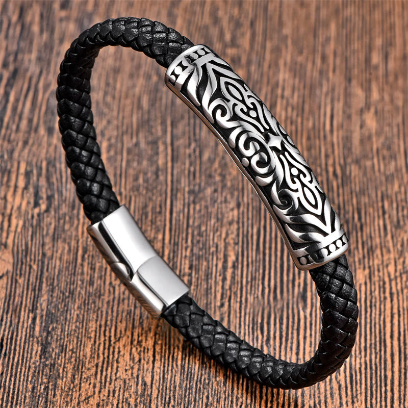 Bracelet double couche en cuir et acier titane à motif floral | Force et équilibre