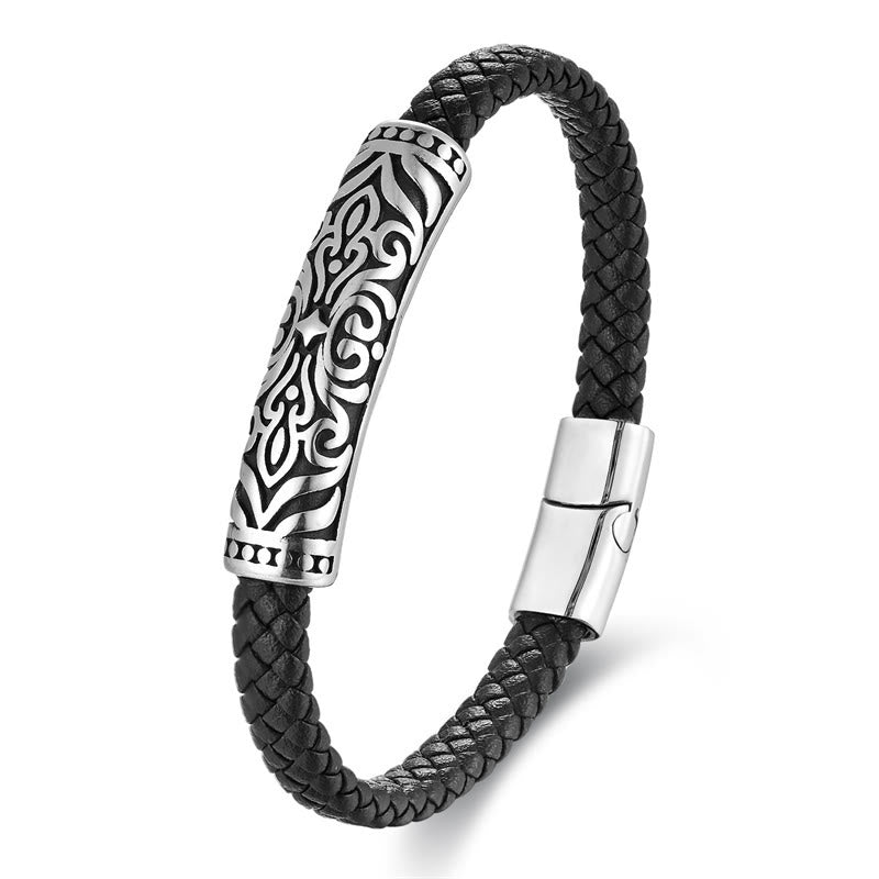 Bracelet double couche en cuir et acier titane à motif floral | Force et équilibre