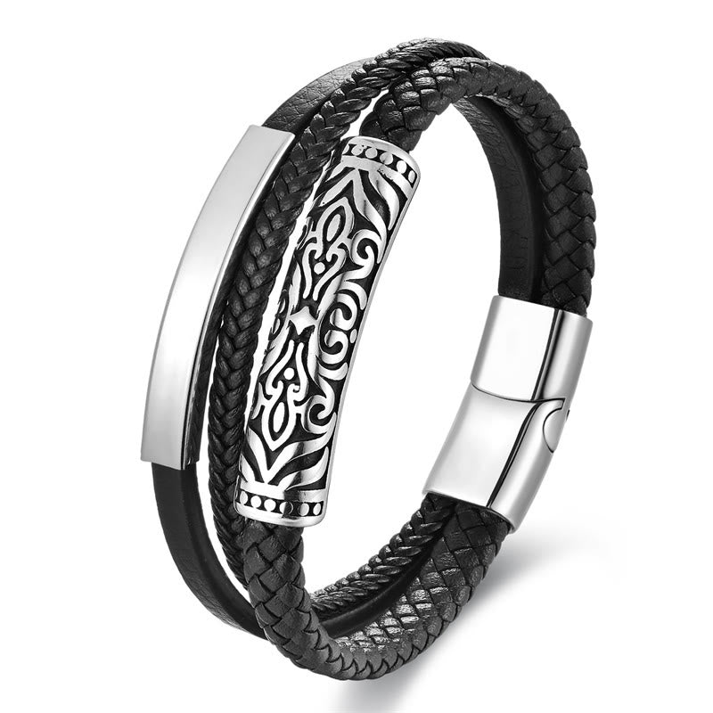 Bracelet double couche en cuir et acier titane à motif floral | Force et équilibre
