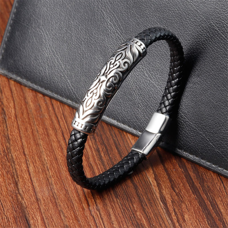 Bracelet double couche en cuir et acier titane à motif floral | Force et équilibre