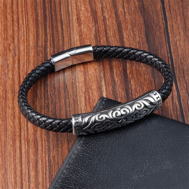 Bracelet double couche en cuir et acier titane à motif floral | Force et équilibre