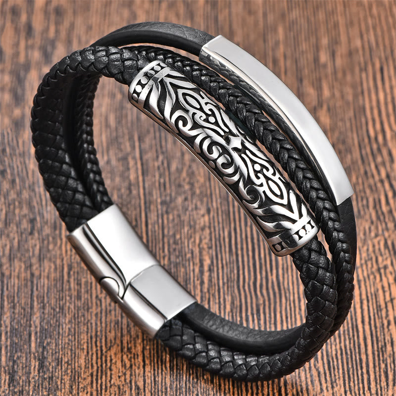 Bracelet double couche en cuir et acier titane à motif floral | Force et équilibre