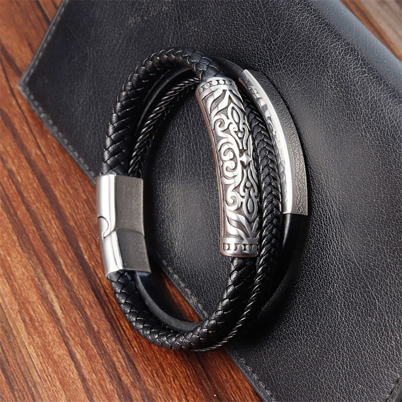 Bracelet double couche en cuir et acier titane à motif floral | Force et équilibre