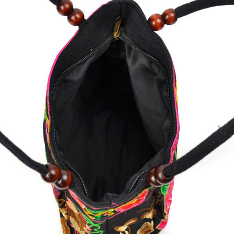 Sac à main en toile de coton brodé recto verso avec symboles de prospérité