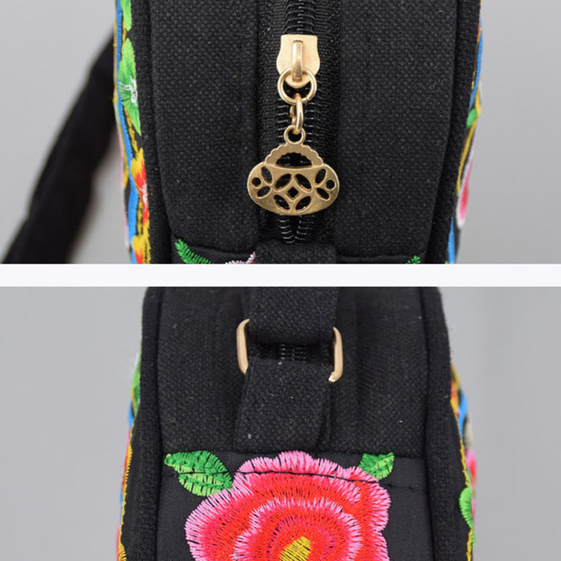 Sac bandoulière en toile brodée de fleurs double face | Accessoire spirituel