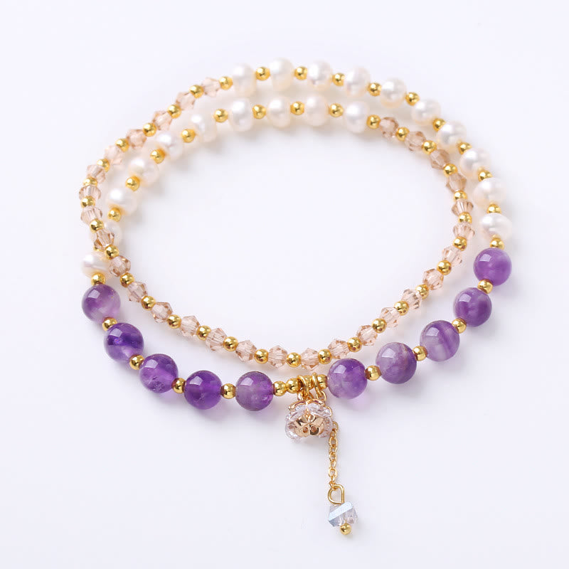 Bracelet de guérison à double tour en perles d'améthyste et d'aigue-marine