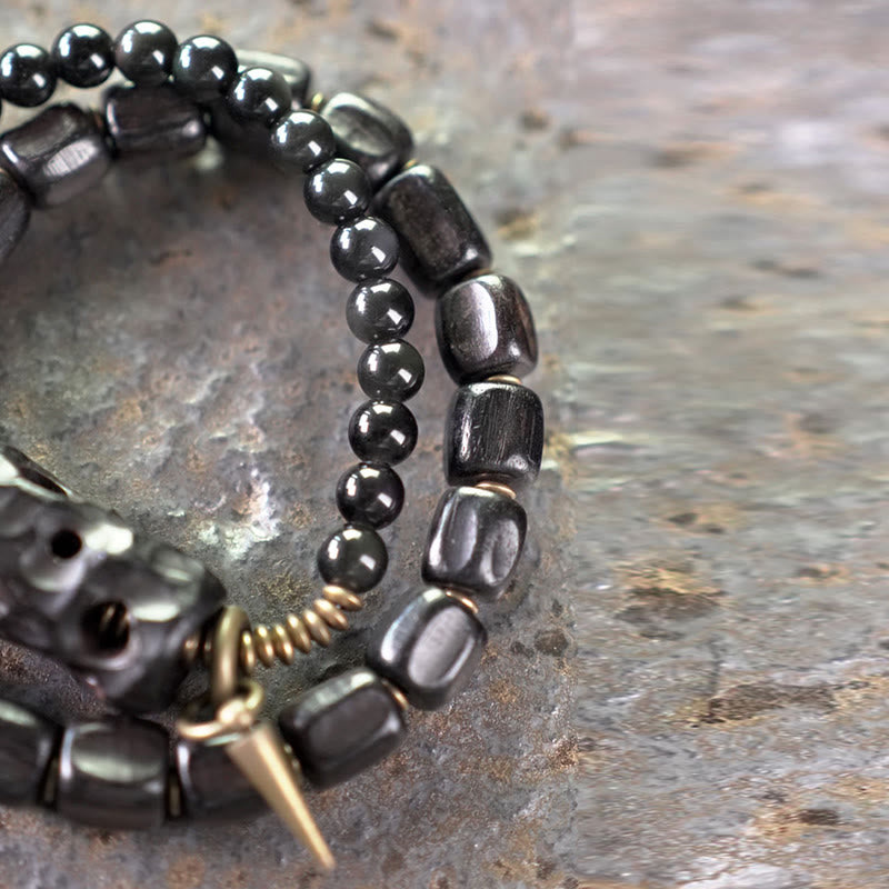 Bracelet double tour en bois d'ébène et obsidienne noire pour la paix