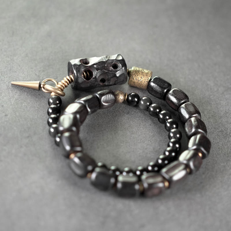 Bracelet double tour en bois d'ébène et obsidienne noire pour la paix