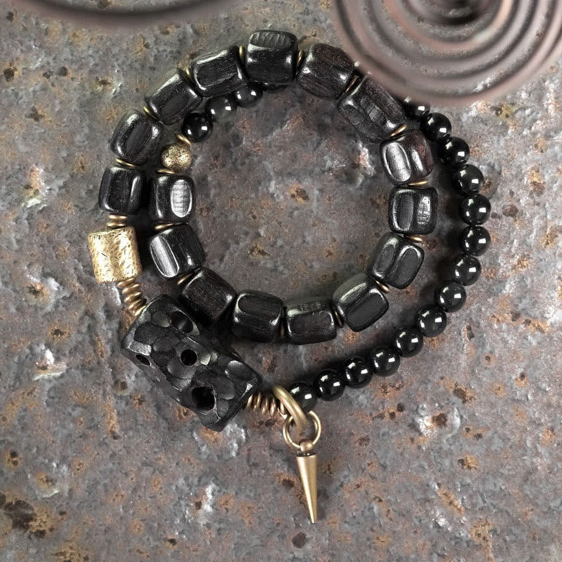 Bracelet double tour en bois d'ébène et obsidienne noire pour la paix