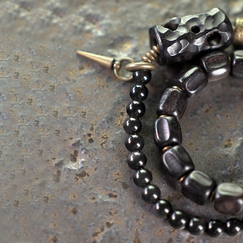 Bracelet double tour en bois d'ébène et obsidienne noire pour la paix