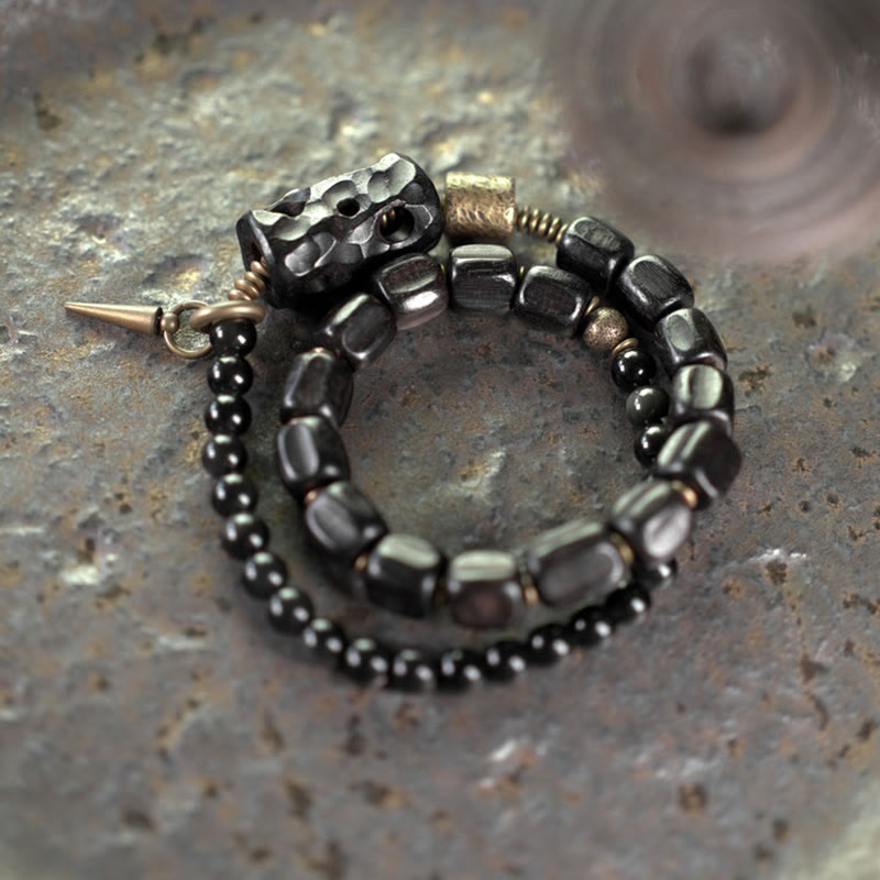 Bracelet double tour en bois d'ébène et obsidienne noire pour la paix