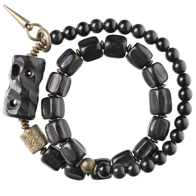 Bracelet double tour en bois d'ébène et obsidienne noire pour la paix