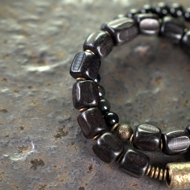 Bracelet double tour en bois d'ébène et obsidienne noire pour la paix