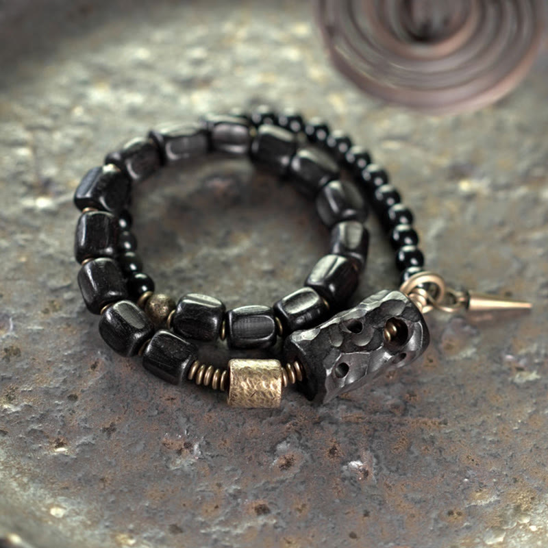 Bracelet double tour en bois d'ébène et obsidienne noire pour la paix