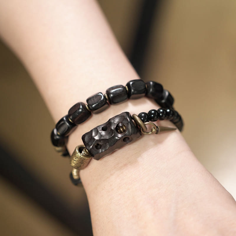 Bracelet double tour en bois d'ébène et obsidienne noire pour la paix