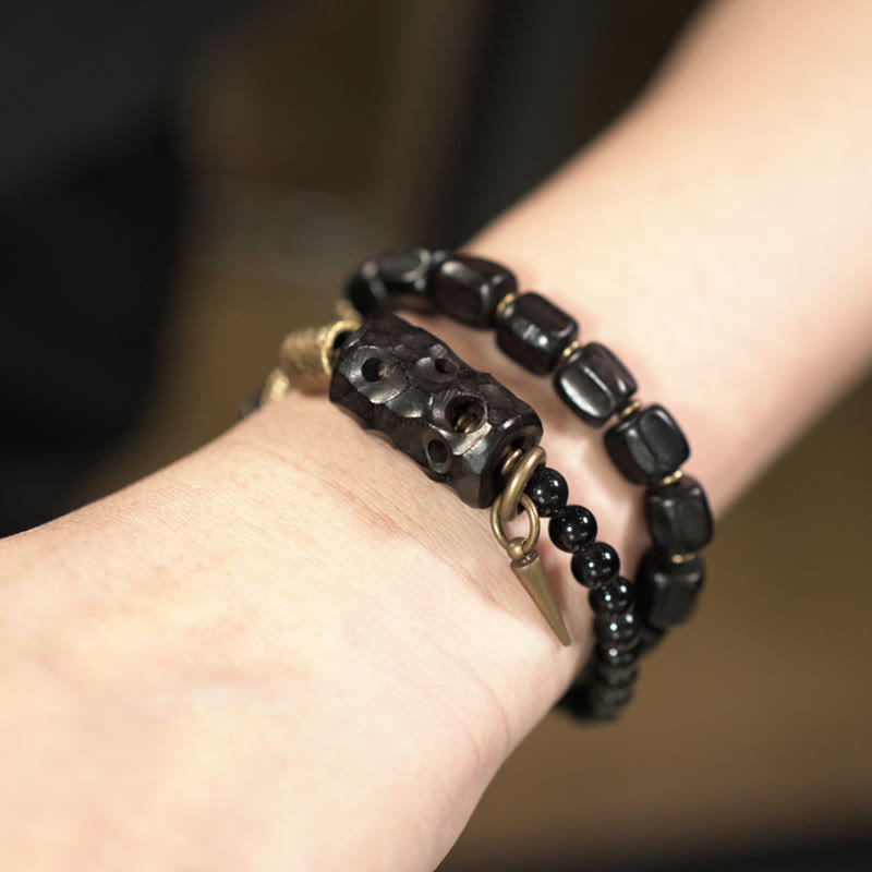 Bracelet double tour en bois d'ébène et obsidienne noire pour la paix