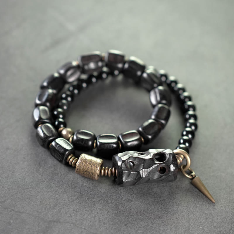 Bracelet double tour en bois d'ébène et obsidienne noire pour la paix