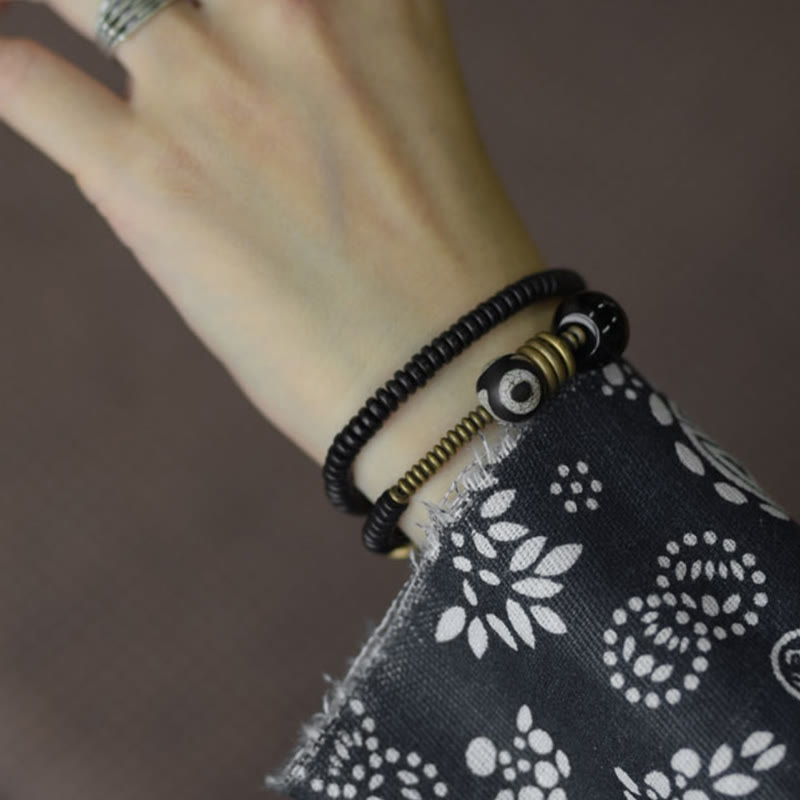 Bracelet double tour en bois d'ébène et obsidienne de santal vert pour le calme