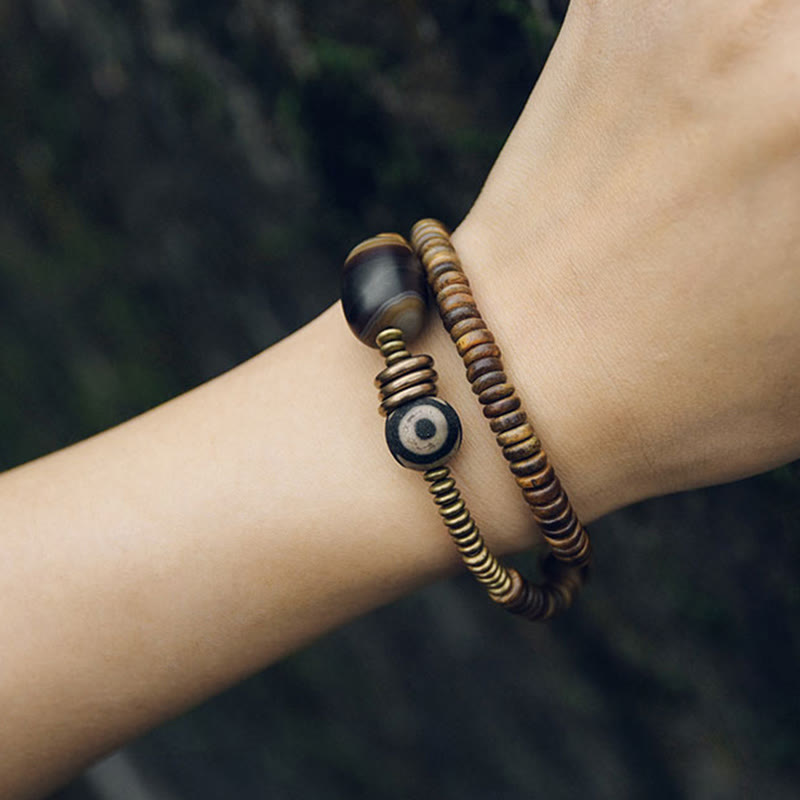 Bracelet double tour en bois d'ébène et obsidienne de santal vert pour le calme