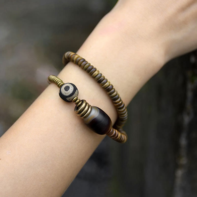 Bracelet double tour en bois d'ébène et obsidienne de santal vert pour le calme