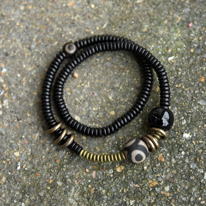 Bracelet double tour en bois d'ébène et obsidienne de santal vert pour le calme