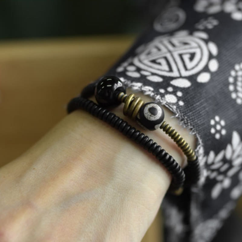 Bracelet double tour en bois d'ébène et obsidienne de santal vert pour le calme