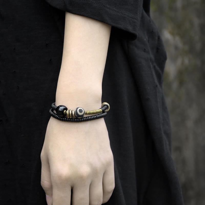 Bracelet double tour en bois d'ébène et obsidienne de santal vert pour le calme