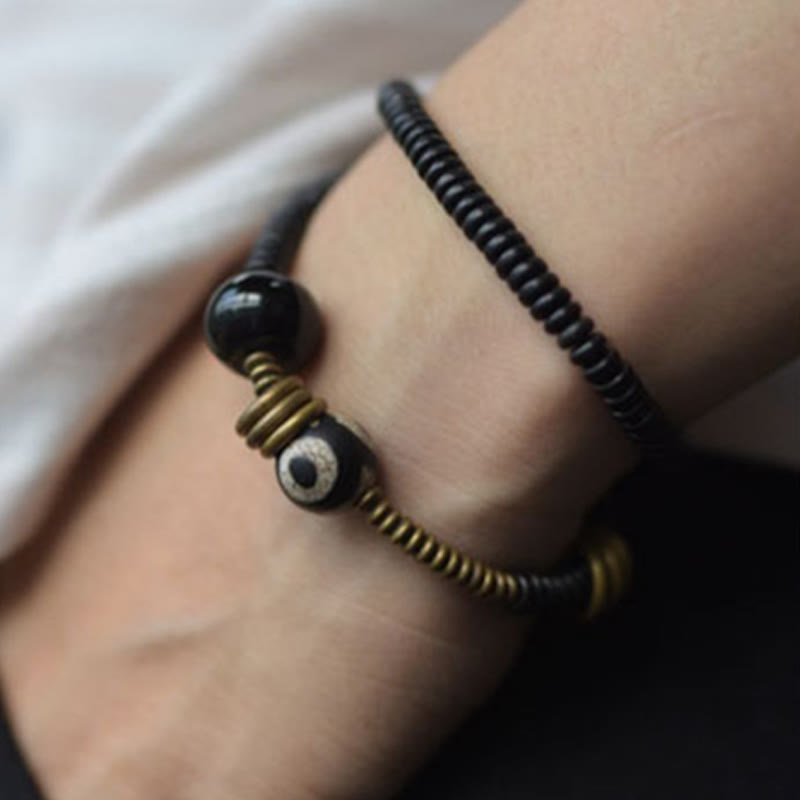 Bracelet double tour en bois d'ébène et obsidienne de santal vert pour le calme