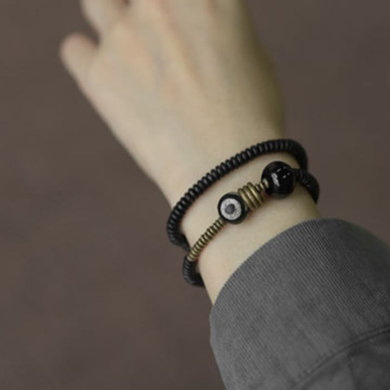 Bracelet double tour en bois d'ébène et obsidienne de santal vert pour le calme