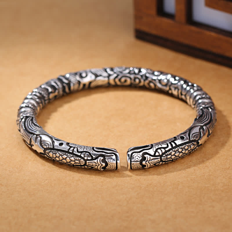 Bracelet porte-bonheur sculpté en tête de dragon en cuivre et argent 8 mm