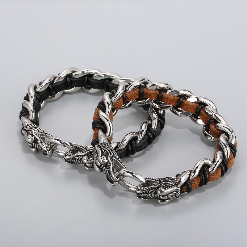 Bracelet de protection en cuir de dragon et acier titane 21 cm
