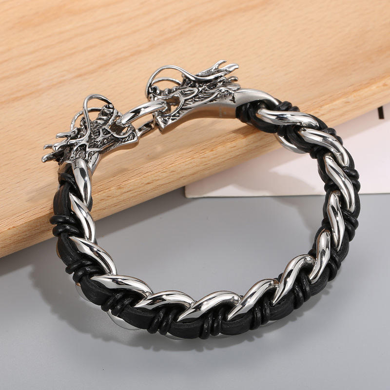Bracelet de protection en cuir de dragon et acier titane 21 cm