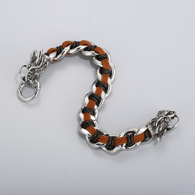 Bracelet de protection en cuir de dragon et acier titane 21 cm