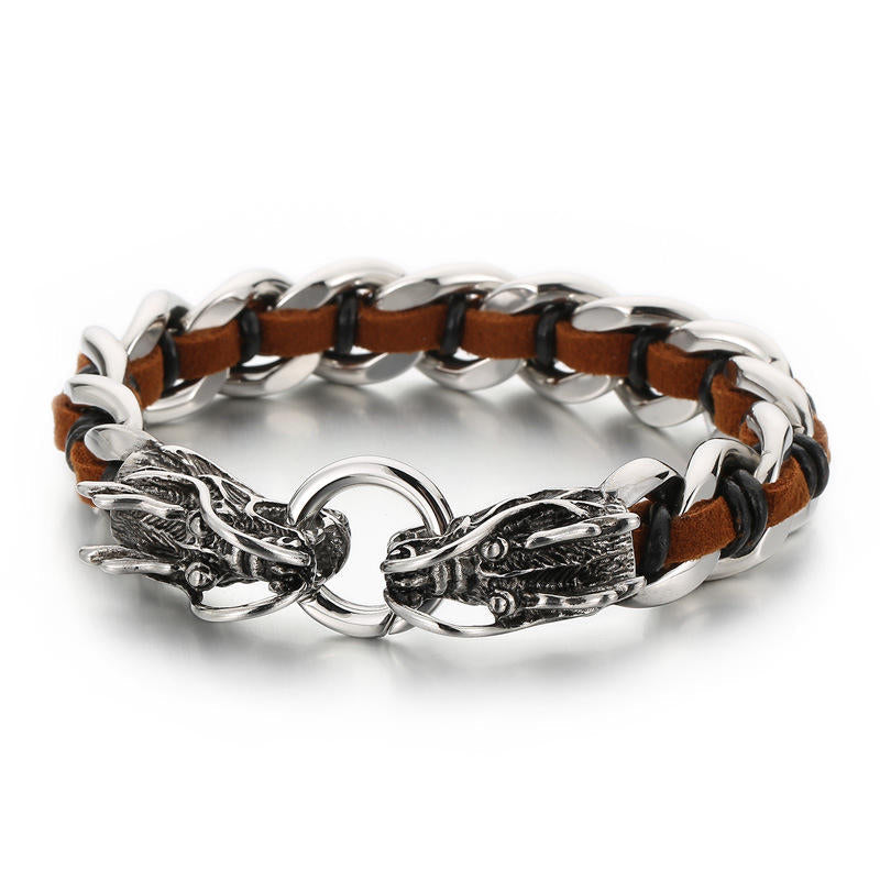 Bracelet de protection en cuir de dragon et acier titane 21 cm