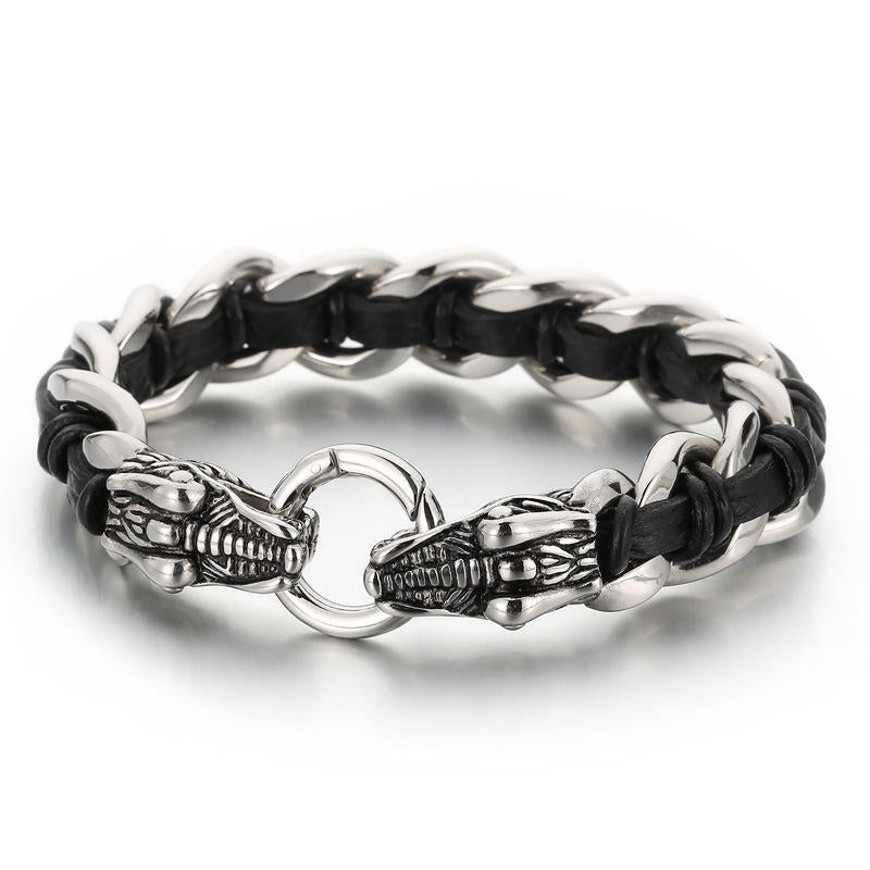 Bracelet de protection en cuir de dragon et acier titane 21 cm