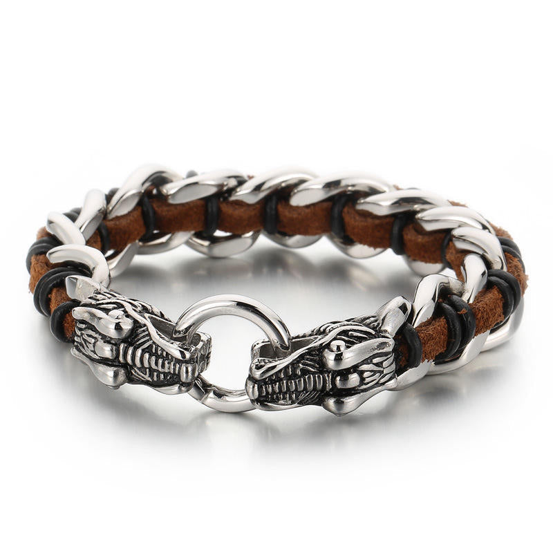 Bracelet de protection en cuir de dragon et acier titane 21 cm