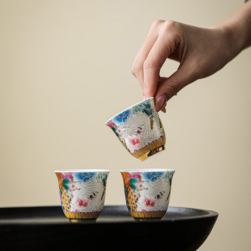 Tasse à thé en céramique Dragon et Phénix 50 ml | Décor Zen